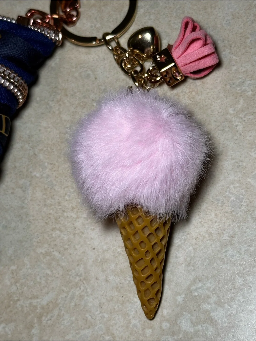 Dior Cosmetics Navy and Pink Zip Pouch Keychain with Pom Pom Ice Cream Charm